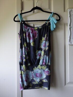 Sweet Pea Black Floral One-Shoulder Top with Aqua Strap